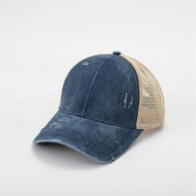 China JOINT Washed Worn Out Vintage Trucker Hat Distressed Cotton Fishing Mesh Cap For Men for sale