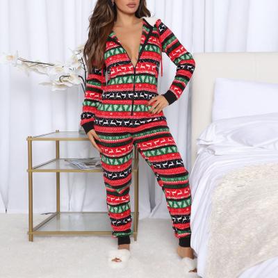 China New Production Breathable Christmas Pajamas Print Zipper Casual V-Neckline Long Sleeve Hooded Women Pajamas for sale