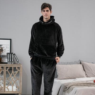 China New Autumn Winter Hooded Heavy Fleece Breathable Warm Flannel 2 Piece Sets Men's Pajamas for sale