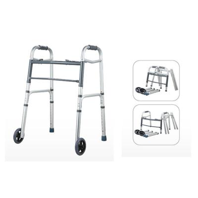 China Adult  Durable Medical Equipment Dual Button Aluminum Folding Walker With 2 Wheels Te koop