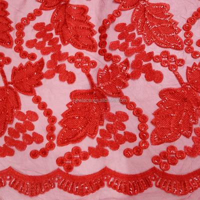 China Festival Viable Fabric Red 100% Polyester Organza Embroidery Lace Trim Fabric With Sequins for sale