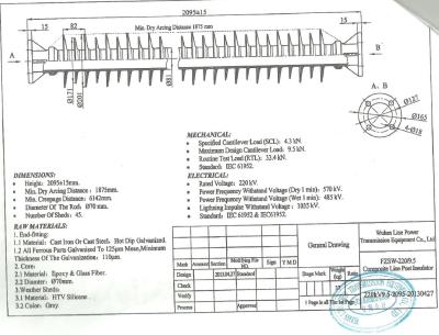 Κίνα Μονωτής 220KV 9.5KN, απόσταση τύπων παραμονής γραμμών μετάδοσης διασκορπισμού 6142mm ελάχιστη προς πώληση