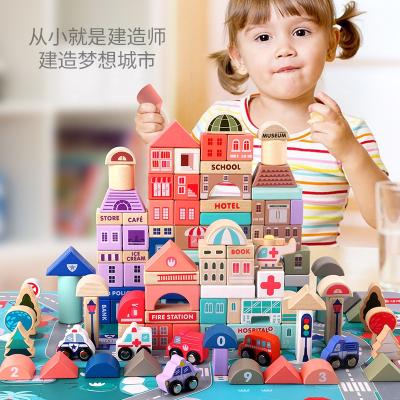 China Macaron City Floor Children's 115 Wooden Pieces Meeting Building Block Educational Toys JY58 for sale