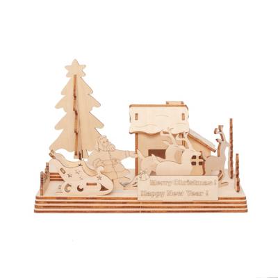 China DIY Handmade Wooden Puzzle 3D Christmas Village Solar House For Kids for sale