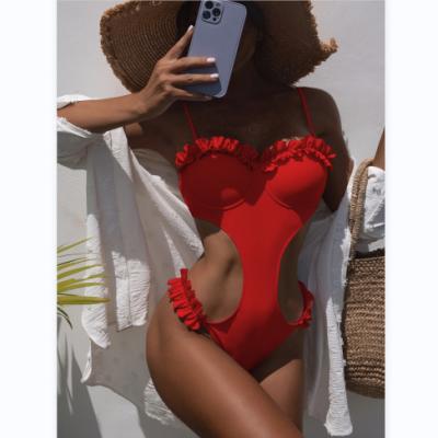 China UNISWIM 2022 Women Breathable Hot Sexy One Piece Ruffle Swimwear Backless Hollow Out Swimsuit High Cut Solid Color 3 Styles Beach Wear ODM for sale