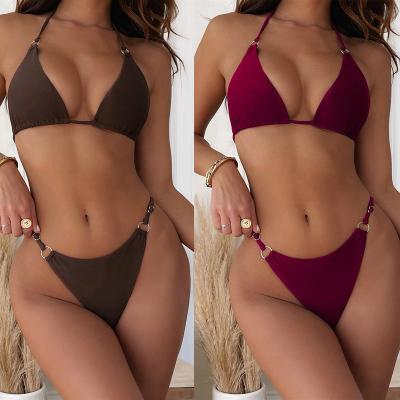 China UNISWIM 2022 Breathable Women's Hot Sexy Bikini Sets Swimwear Swimwear Fashion Simplicity Halter Neck Backless ODM Top 2 Solid Colors for sale