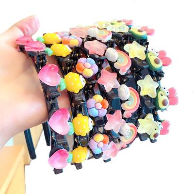 China Wholesale Colorful Cartoon Soft Fruits Plastic Braid Tough Hair Bands With Clips Handcrafted Black Headbands For Kids for sale