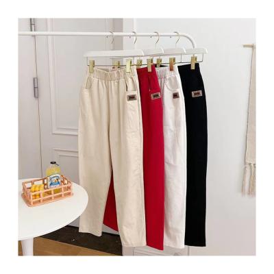 China 2021 New Women Breathable Canvas Washed Casual Pants High Elastic Waist Thick Cotton Pencil Pants for sale