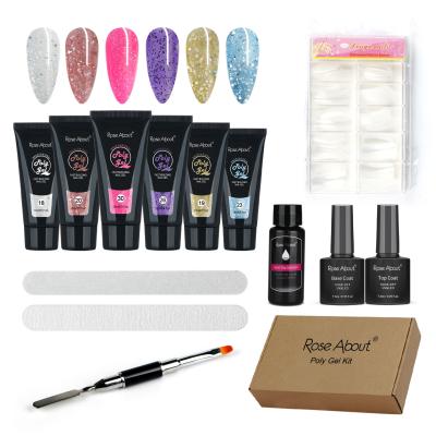 China Art Products Rose OEM Glitter Gel Nail Kit Professional Acrylic Gel Nail Extension Poly Set With Top Nail File Base Slip Solution for sale