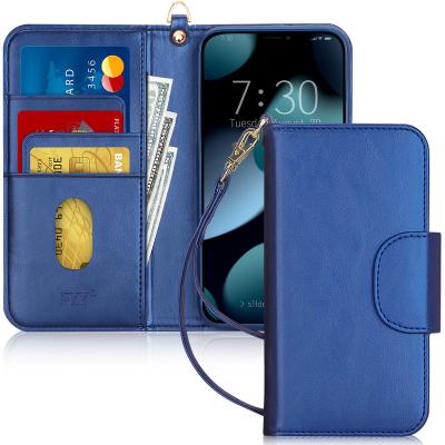 China APPL iphone13 shockproof mini 5.4 inch dark blue folio PU leather mobile phone cover with wireless charging case for sale