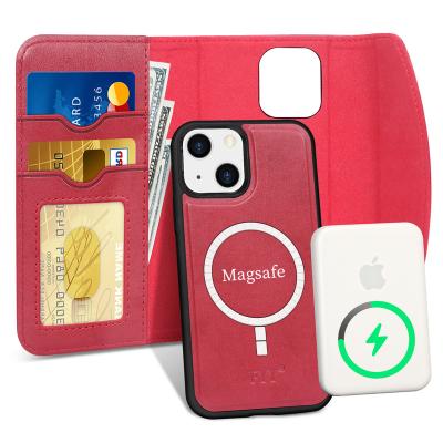 China Red Color PU Leather Shockproof Flip Phone Case for APPL iphone13 mini with wireless charging for sale