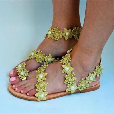 China Fashion Trend Women Shoes Plus Size Summer Fashion Solid Color Clip Toe Round Head Pearl Flower Flat Sandals For Ladies for sale