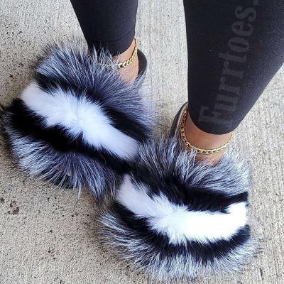 China Wholesale Custom 2022 Fashion Trend Faux Fur Furry Fluffy Slippers Slides Flat Sandals For Women And Ladies for sale