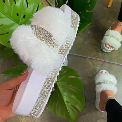 China Fashion Trend Fashion Faux Fur Sliders Women Summer Rhinestone Platform Sandals&Slippers Shoes Outdoor Casual Shoes For Female for sale