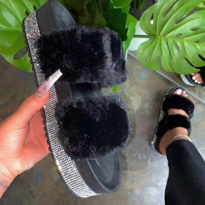 China Hot Selling 2022 Color Fashion Ladies Multi Hairy Platform Flat Sandals Bling Rhinestone Fur Slides For Women for sale