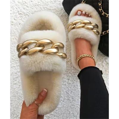 China New Arrival Fashion Trend Luxury Women's Shoes Winter Fur Plush Ladies Chain Slides Metal Fluffy Women's Slippers for sale