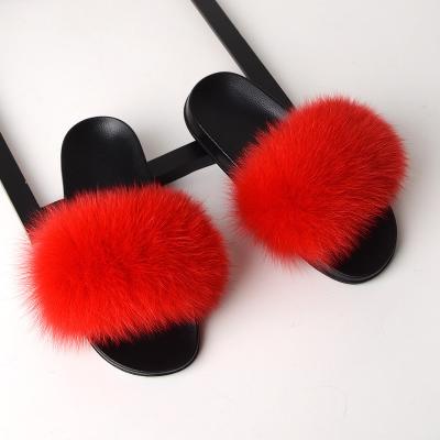 China 2022 New Fashion Trend Women's Sandals Shoes Peep Flat Hairy Toe Real Fox Fur Slippers for Women and Ladies for sale