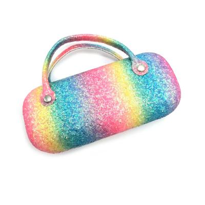 China Case / To Protect Custom Glass Fashion Design Rainbow Glitter To Sprinkle Handle Kids Sunglasses Case Kids Glass Shiny Case for sale