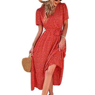 China Anti-Wrinkle Factory Wholesale Short Sleeve Ruffle Casual Short Women Dresses Elegant Casual Women Polka Dot Sexy Beach Skirt for sale