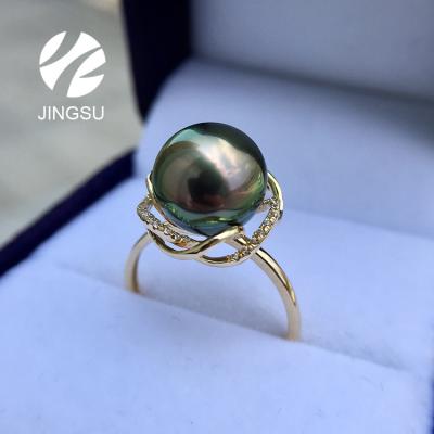 China Elegant black tahitian pearl with new design 18K gold ring for sale