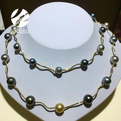 China FASHIONABLE Wholesale Natural Color South Sea Beads Mix Tahitian Pearl Multi Layers Necklace With Trendy Silver Chain Design for sale