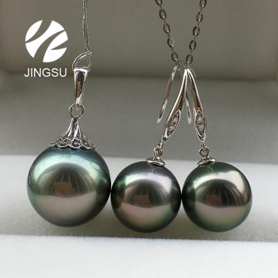 China CLASSIC Tahitian Black Pearl Color Natural Jewelry Set 18K White Gold Trendy Women's Gift Pendant and Charm Party Hook Earrings for sale