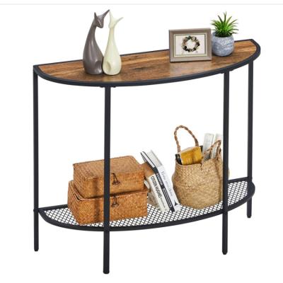 China (Other) 2 Tier Semicircle Wood Top Panel Adjustable Metal Mesh Shelves Entryway Brown Console Table for sale