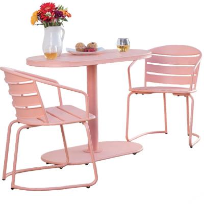 China Best Selling Contemporary Patio Restaurant Bistro Set 2 Chairs 1 Table Metal Table And Chair Set Pink Outdoor Dining for sale