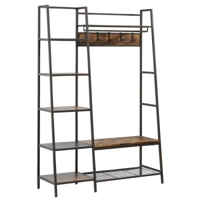 China Multi-Functional New Minimalist Steel Frame Utility Wooden Design 5 Tier Iron Standing Coat Racks for sale