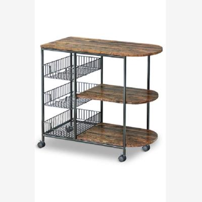 China 3 Tier Desgin Fruit Storage Kitchen Utensils Strong Metal Baskets Modern Industrial Wooden Kitchen Cart for sale