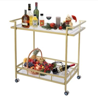 China Modern High Quality Tiered Glass Gold 2 Shelves Rolling Locking Casters Portable Bar Cart for sale