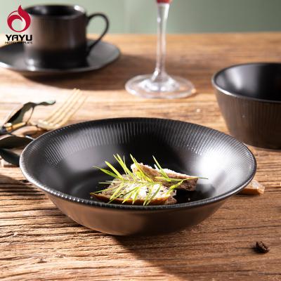 China Sustainable Wholesale Hotel Microwave Embossed Restaurant European Cherry Salad Deep Curry Pasta Ceramic Sets Porcelain Black Soup Bowl for sale