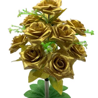 China Real Simulation Preserved Romantic Rose Flower Tree Outdoor Artificial Gold Silk Potted Rose Factory Direct Sale Plastic for sale