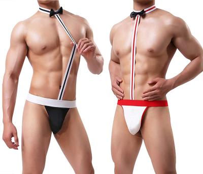 China High quality mens lingerie hot sale gay men sexy low waist small thongs and g strings bow tie underwear with leg garters gather for sale