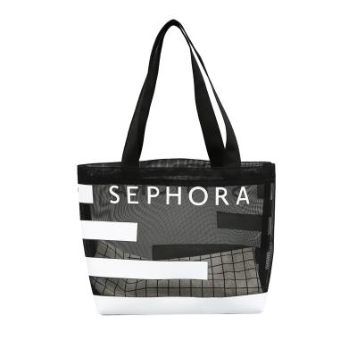 China Customized Stripe Mesh Shopping Bag Nylon Yarn Beach Handled Transparent Tote Bag for sale