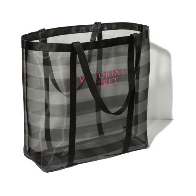 China Transparent Horizontal Stripes Mesh Handle Pocket Net Shopping Bag Mesh Grocery Handled Nylon Tote Bag for sale