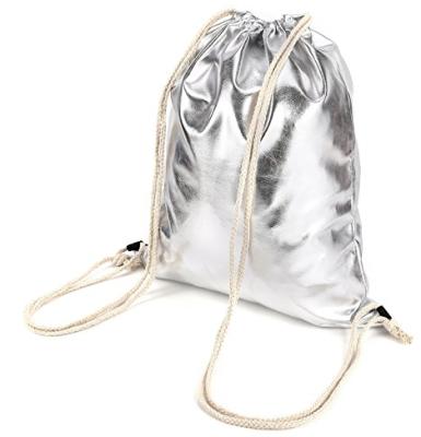 China Rope Handle Gym Outdoor Sport PU Fashionable Metallic Silver Leather Drawstring Bag for sale