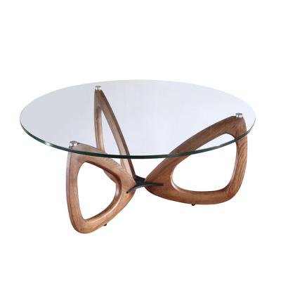 China Modern Art Design Living Room Sofa Furniture Ash Frame Tempered Glass Top Wood Coffee Table For Restaurant Cafe for sale