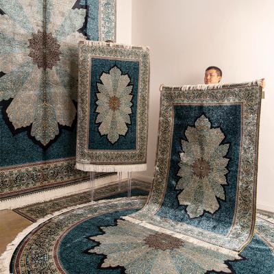 China YILONG Washable Classic Turkish Hand Knotted Silk Carpet Handmade Blue Hereke Blanket for sale