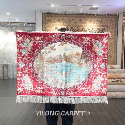 China YILONG Anti-Slip 2' x3 Handmade Red Bottom Floral Silk Carpet For Door Tabriz Animal Design Silk Rugs for sale