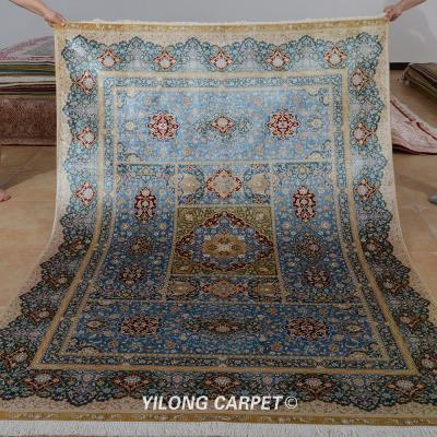 China YILONG Washable 5.5' x8 Blue Handwoven 100% Silk Persian Rug For Living Room Bedroom for sale