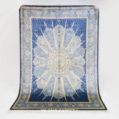 China YILONG Washable 5'x7' Blue Radial Handmade Area Rug Royal Bedroom Art Silk Carpet for sale