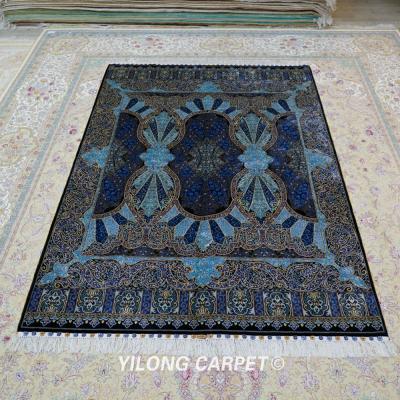 China Washable Hand Knotted Rug YILONG 5'x7' x7' Area Rug Scepter Design Blue Luxury Handmade Knotted Silk On Silk Rug for sale