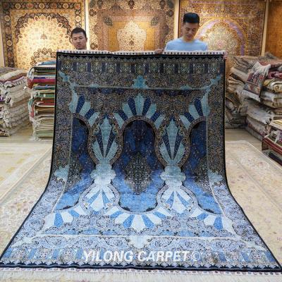 China Yilong Washable Hand Knotted Rug 6'x9 Living Room Hand Knotted Blanket Kerman Blue Handmade Home Hand Knotted Rug for sale