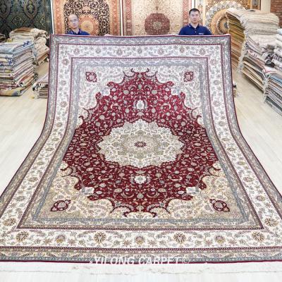 China YILONG Washable 9'x12' Red Color Hand Knotted Silk Blanket Persian Handmade Qum Rug for sale