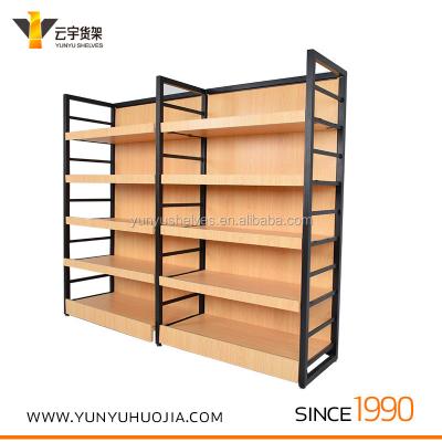 China YUNYU Single Sided Wood And Metal Display Supermarket Gondola Shelf Racks For Grocery Store for sale