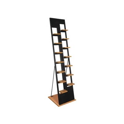 China Double Sided Floor Standing Shoe Stores Shelves Metal Wooden Shoe Display Shoe Rack for sale