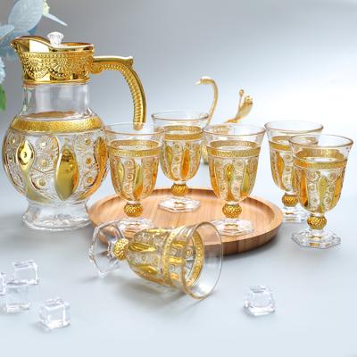 China Wholesale Viable Gold Water Jug Glass 7pcs Set Tumbler Jug Glass Pitcher Set With Lid Glass Water Set for sale