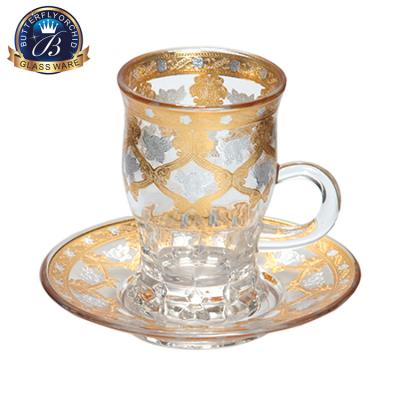 China New Stocked Turkish Luxury Unique Design Glass Tea Coffee Cups And Saucers Sets for sale