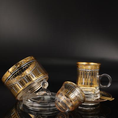 China Viable Wholesale 26 Pcs Reusable Arabic Glass Coffee Mug Tea Cups Sets With Sugar Jar for sale